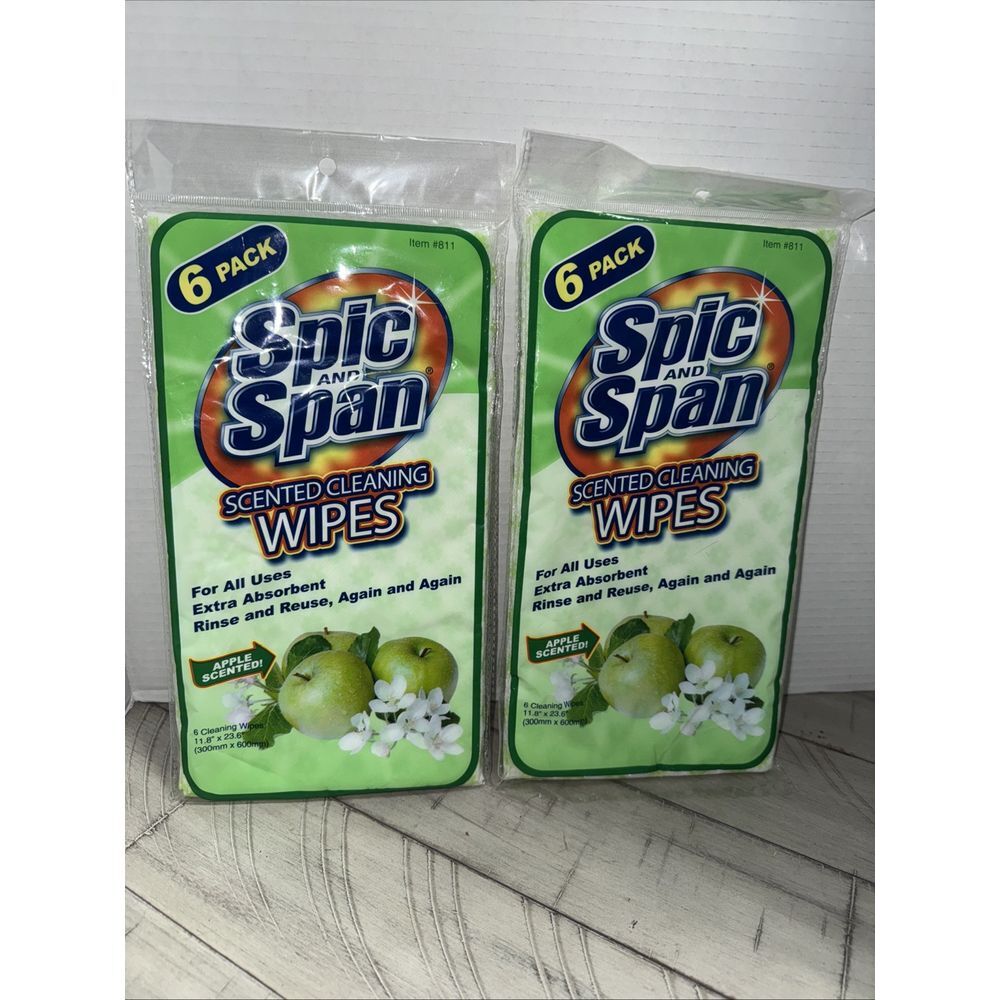 TWO PACKS Spic & Span 6pc Scented Cleaning Wipes reusable Green Apple